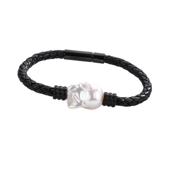 Large Baroque Pearl Leather Bracelet in Stainless Steel - Zafari Studio Jewelry